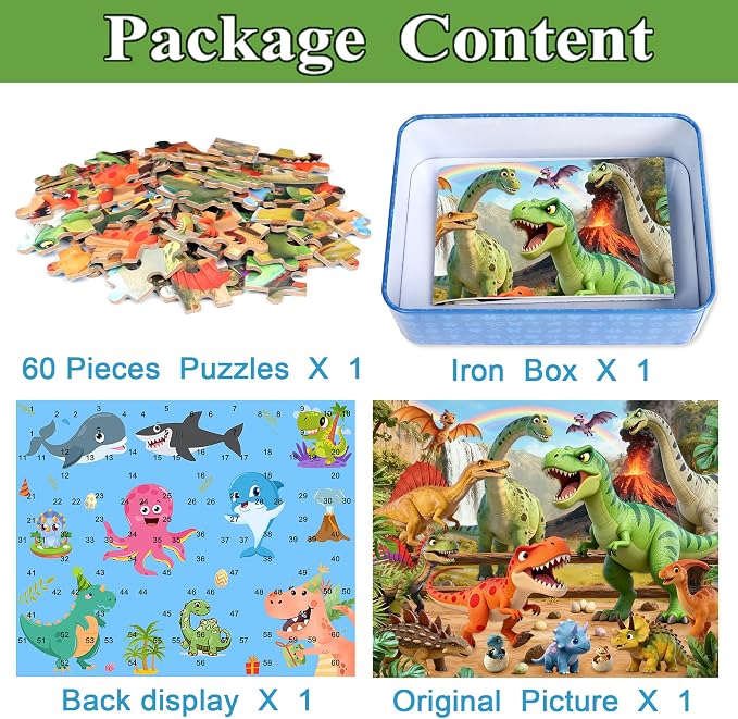 MZZOTOY Cartoon Dinosaur Puzzle for Kids Ages 4-8, 60 Pieces Jigsaw Puzzles for Kids Ages 3-5, Learning Educational Puzzles Toys Great Gift for Boys Girls in a Metal Box