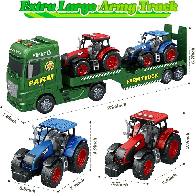 3-in-1 Farm Truck Toys for Kids Ages 3-6 – 25.6 Inch Extra-Large Inertia Semi Trailer with Lights & Sounds, Detachable Tractor and Light & Sound Farm Vehicle