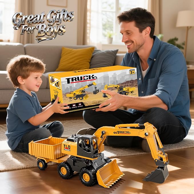 KukuFun 3-in-1 Truck Toys for Boys 3-5 Year Old, Construction Sandbox Toy with Excavator Dump Bulldozer,Indoor/Outdoor Sand Toys for Kids Toddlers Girls Age 3-8,Birthday Gifts