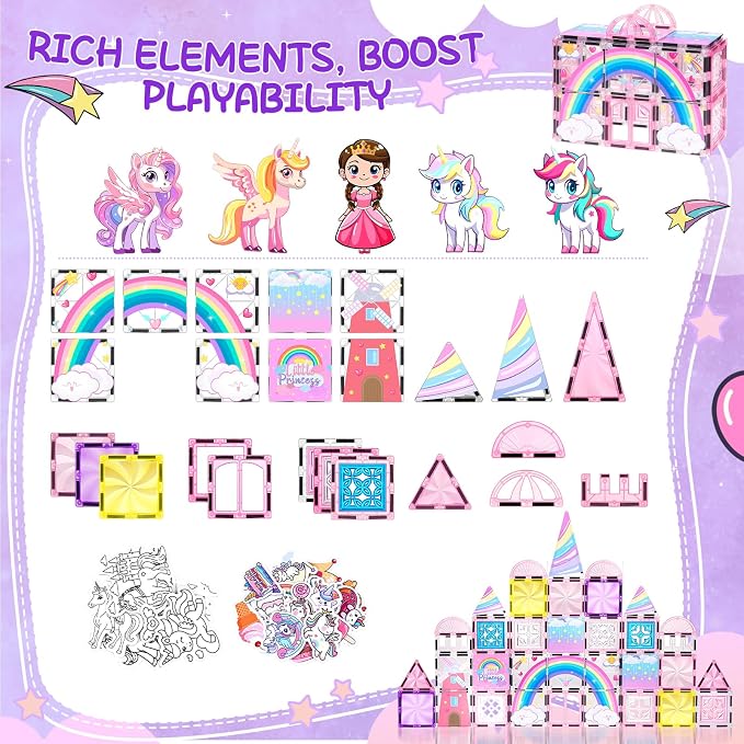 Diamond Magnetic Tiles Unicorns Princess Castle with Magnetic Art Decor Kit, Unicorn Toys for Girl 3 4-6-8, Magnet Tiles for kids 4-8 5 6 7+ Girl Gifts,Magnet Toys Include 5 Dolls,Rainbow,Candy,Decors