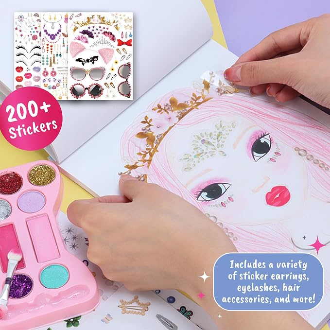 BSCOOL Make-up Artist Kit - 2 Sets Pretend Play Makeup & Sticker Coloring Book, Includes Palette, Brushes, Pencils & 200+ Stickers, Girls Beauty Toy Ages 5+