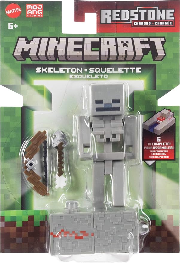 Mattel Minecraft Toys, Skeleton Action Figure with Accessory & Redstone Building Piece, 3.25-inch Scale Collectible Set Inspired by Video Game