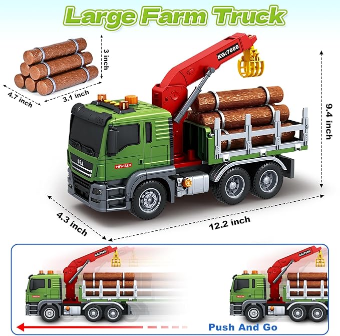 SpringFlower Boy Truck Toys, 3 4 5 6 Years Old Farm Truck Vehicle, Timber Toy with Loading Crane & Lights & Sounds, 3 4 5 6 Kids Toddles Birthday for Boys Girls