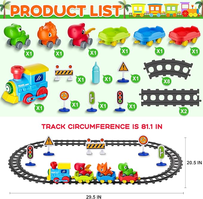 Train Set for Toddlers with Steam, Music, Lights and 3 Dinosaur Cars | Electric train fun meets dinosaur play with music, lights and a gentle steam effect.