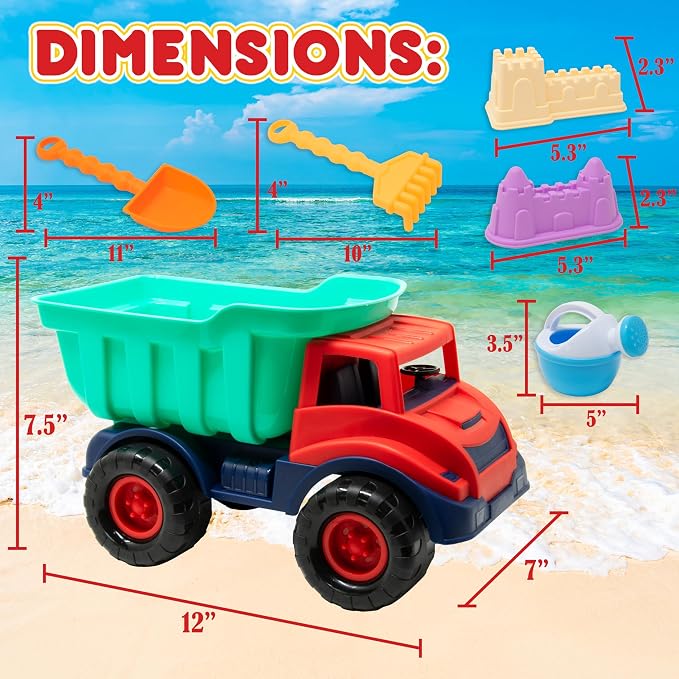 Kiddie Play Beach Toys Sand Toys for Kids, Beach Dump Truck Set Includes Sand Castle Molds, Shovel, Rake, Watering Can