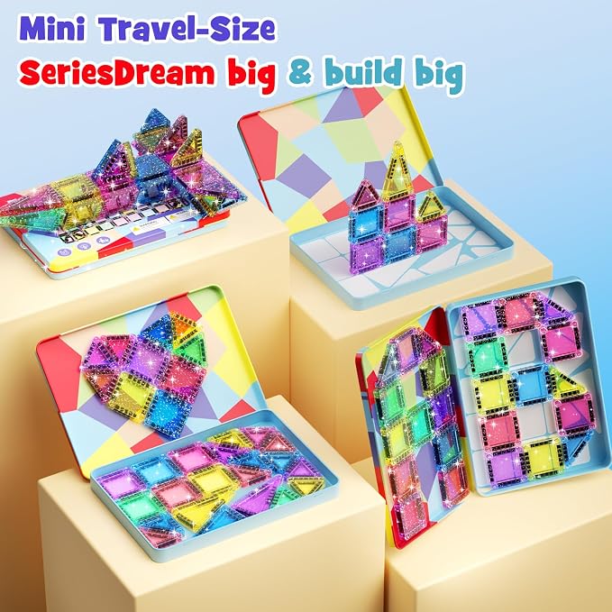 42 Pcs Mini Travel Glitter Magnetic Tiles Magnetic Block Set with Storage Box - STEM Educational Sensory Preschool Building Toy for Toddlers, Ideal Kids Gifts for Ages 2 3 4 5 6