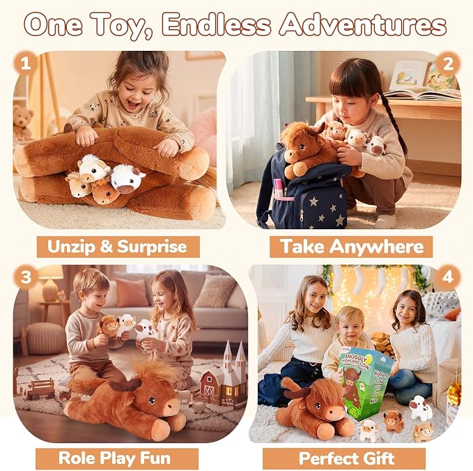 gnomantic Highland Cow Stuffed Animals with Babies, Mommy Toy for Kids | 5-Piece set: 1 mommy highland cow + 4 surprise babies inside. Unzip belly to reveal babies. Ultra-soft, safe for ages 3-8.