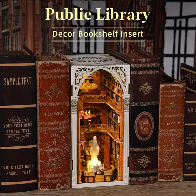 CCCDF Book Nook Kit, DIY Miniature House Kit 3D Wooden Puzzle for Adults Booknook Kit with Dust Cover Book Decor Bookshelf Decoration Decorative Bookends Women Craft Gifts for Teens (Public Library)
