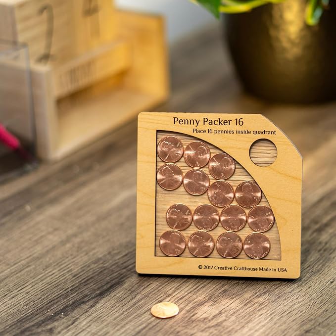 Creative Crafthouse Penny Packer 16 Wood Coin Packing Puzzle for Adults | All the pennies you need are included. Lay each piece flat to find the one solution. A desk and coffee table gift