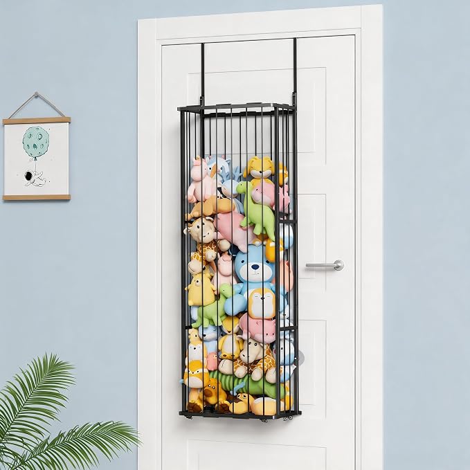SWTYMIKI Hanging Stuffed Animal Storage - Over Door Large Plush Toy Organizer, Wall Mounted or Corner Stuffie Storage for Nursery, Doll & Bear Plush Organizer for Kid Room Bedroom (Black, 3-Tier)