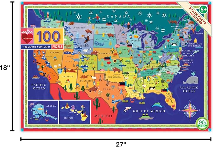eeBoo 100 Piece Puzzle for Kids - This Land is Your Land Children's Puzzle USA Themed, Large Pieces for Small Hands to Develop Motor Skills