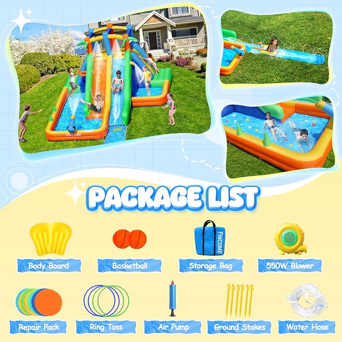FINCOME Inflatable Water Slide Bounce House with Extend Long Splash Waterslide for Kids Backyard, Blow Up Bouncy Castle Park with 2 Water Pool, Basketball Hoop, Water Cannon for Indoor, Outdoor, Party