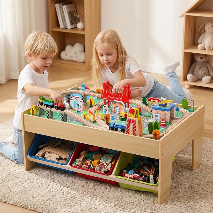 SainSmart Jr. Wooden Train Table – Kids Play Table with Built‑in Storage & Wooden Train Set | Toddler Activity Table Set for Ages 3+, Compatible with Major Wooden Train Brands