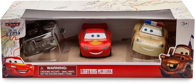 Disney Store Official Lightning McQueen Die Cast Set - Cars on The Road Toys - 1:43 Scale Disney Cars Diecast Vehicle with Road Warrior & Deputy Hazard Makeovers Accessories