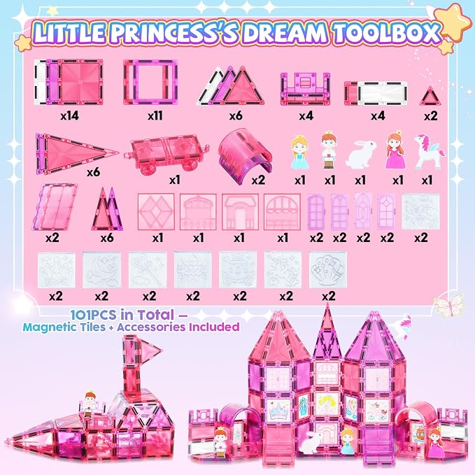 Magnetic Tiles Building Set 101pcs, STEM Toys for Girls 3-6, Princess Castle with Magnetic Car