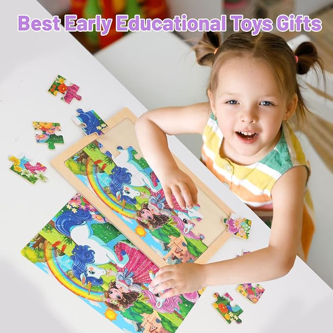4-Pack Wooden Puzzles for Kids Ages 4-6, 24 Piece Unicorn Mermaid Princess Jigsaw Puzzles, Preschool Toddlers Learning Activity Puzzles Toys for Girls 3 4 5 6 Years Old