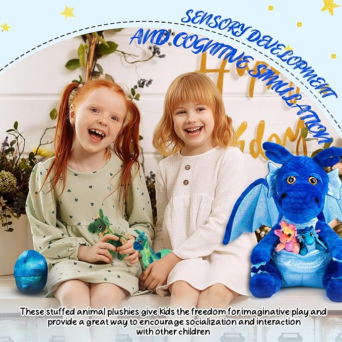 Arrowbash 7 Pcs Dragon Family Plush Toys Gift Set 15.75'' Large Mommy Dragon Stuffed Animal with 4 Baby Dragons and 2 Eggs Soft Glitter Blue Plush Get Well Gift for Birthday Christmas Holiday Playtime