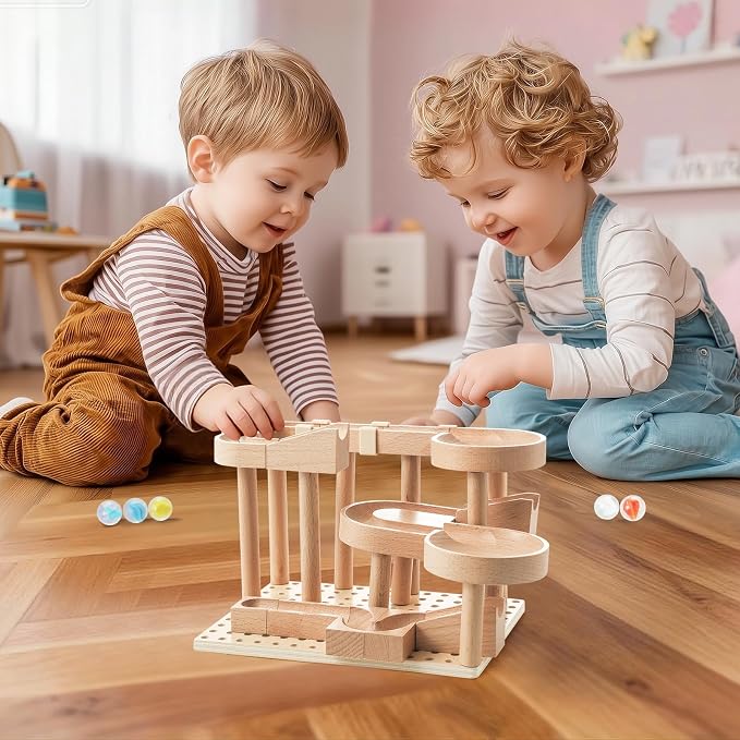 Wooden Marble Runs for Kids 4-8, 38 Pcs Marble Rush Track Maze Construction Play Set, STEM Learning Toys, Wood Building Blocks Toys, Gift for Boys & Girls