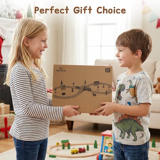 SainSmart Jr. Wooden Train Set for Toddler with Double-Side Train Tracks Fits Brio, Thomas, Melissa and Doug, Kids Wood Toy Train for 3,4,5 Year old Boys and Girls