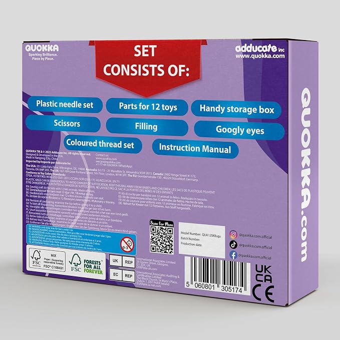 QUOKKA Kids Crafts Ages 4-8, DIY Beginner Needle and Thread Kit - 12 Bugs & Insects Sewing Kit Basic - Fun Art Crafts for Kids Ages 6-8 Girls Boys - Plastic Needles, Scissors - 6+ Year Old Girl Gifts