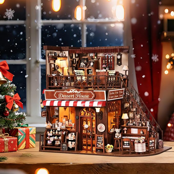 DIY Miniature House Kit, Dollhouse Fantastic Corner Shop for Adults to Build, Birthday/Christmas Day Gift for Family and Friends, Prefab Tiny Home with LED Lights,Corner Dessert House