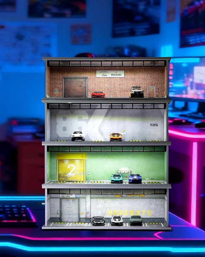 1/64 Scale Display Case Car Garage Moldel, Acrylic Cover Diecast Car Show Case with LED Light 6 Parking Spaces, Hot diecast Wheel Parking Scene (Vehicles Not Included) 86 Graffiti