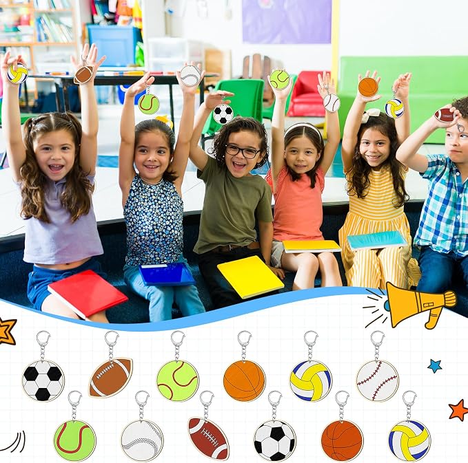 Trnayi 36 Pcs Color Your Own Sports Ball Keychains Crafts for Boys Girls Unfinished Wooden Football Basketball Soccer Crafts Blank Wood Painting DIY Crafts for Home Classroom Activities Project Decor