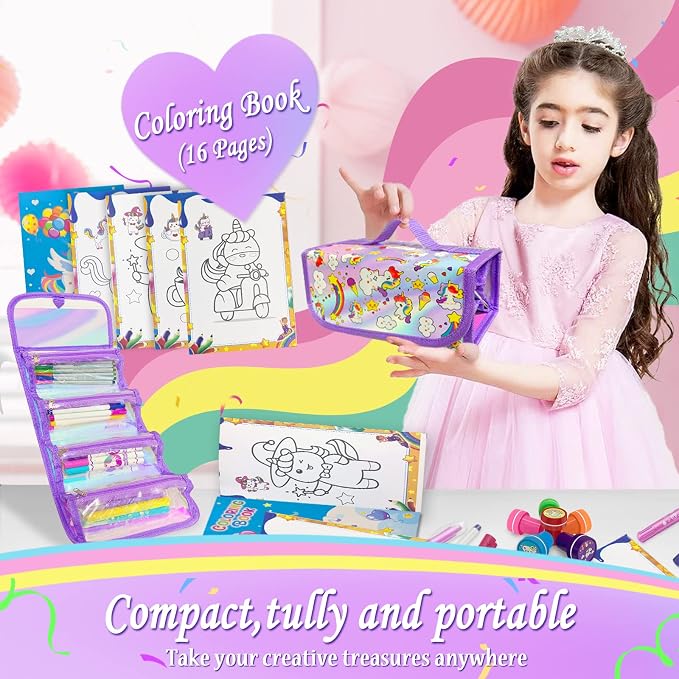 weirtoya 56 PCS Washable Scented Markers with Glitter Pencil Case, Mermaid Unicorn Arts and Crafts for kids 4-6-8 Kids Coloring Drawing Kits for 4-8 Years Old Girls (Purple, 56)