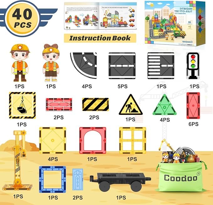 Coodoo Kids Games Magnetic Tiles Road Set with Extendable Magnetic Crane, City Construction Building Toys for Toddlers STEM Preschool Ages 4-6 5-7, Gifts for 3+ Year Old Boys Girls Kids Toys with Car