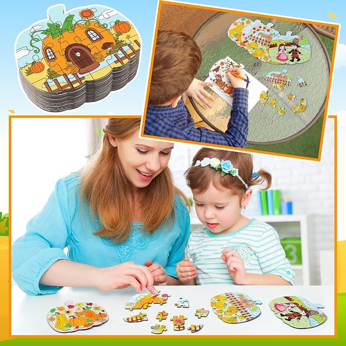 Realspring 24 Pack Fall Thanksgiving Pumpkin Shape Jigsaw Puzzles for Kids Age 3-5, 4-6, 6-8, Color Your Own Autumn Crafts DIY Paper Puzzle Party Favor Gift for Thanksgiving Toddler Children Toy