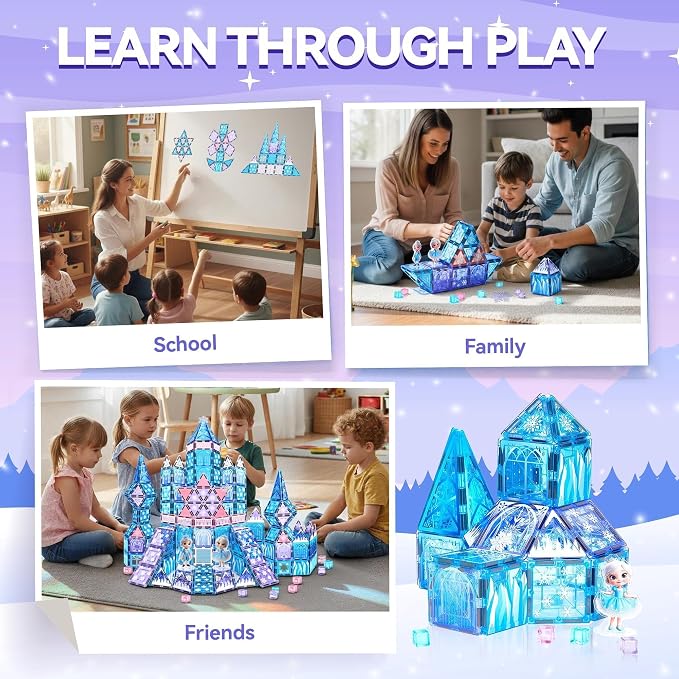 Princess Castle Magnetic Tiles Building Toys Set for Kids Ages 3-5 4-8, STEM Magnetic Blocks with 2 Dolls, Educational Sensory Magnetic Toys Gifts for Toddler Boys Girls Learning Classroom