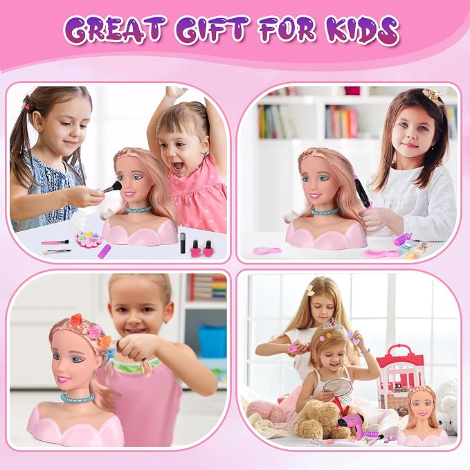 36PCS Doll Head Hair Styling Makeup Toy Set Kids Pretend Play Styling Set with Hairdryer Curling Iron Crown Accessories Beauty Stylist Kit Gifts for 3 4 5 6+ Years Old