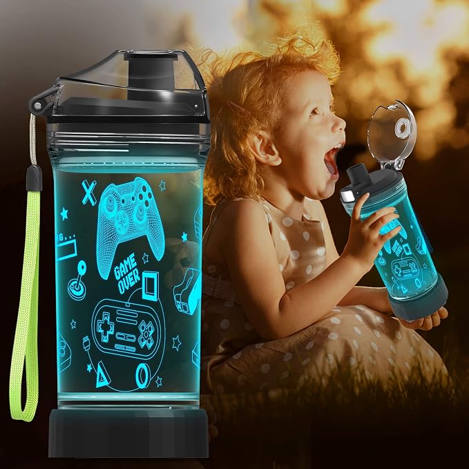 Lightzz Gamer Water Bottle, Fortnite Stuff Toy with 3D Glowing Light, Fortnite Gifts Back to School for Boys Gamers, Minecraft Cup for Holiday Camping Picnic, 14 Oz And Tritan BPA Free