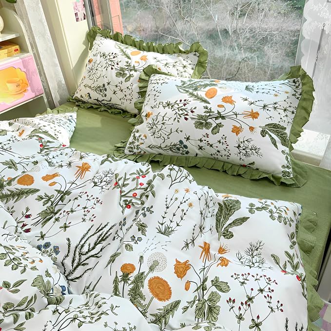 Queen Comforter Set Green Floral Comforter Queen Size Cute Flower Plants Botanical Comforter Romantic Girls Ruffle Lace Bedding Set Comfy Fluffy Soft Cottagecore Comforter Set with 2 Pillowcases