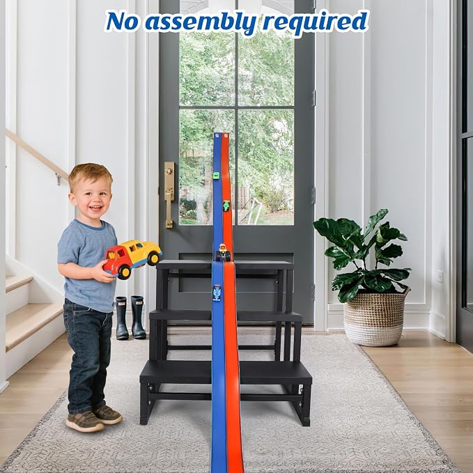 Flexible Race Car Track 15 Ft Starter Set with Suction Cups Compatible with Diecast 1/64th Car for Ages 3 & Up Classic Blue and Red Double Track Long Rolls Up Portable Racetrack