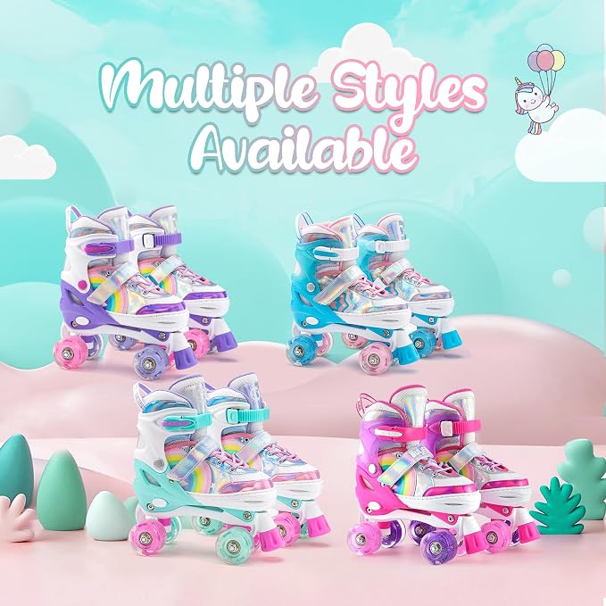 SULIFEEL Rainbow Unicorn 4 Size Adjustable Roller Skates for Girls Boys for Kids Ages 3-5 5-8 6-12 Children Skates Indoor Outdoor