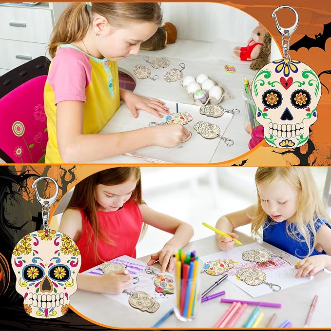 Trnayi 36 Pcs Day of The Dead Unfinished Wooden Keychains for Kids Color Your Own Unfinished Wooden Crafts Blank Wood Painting DIY Crafts for Home Activities Arts Project Decoration