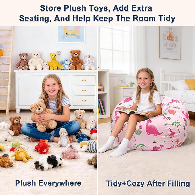 Lukeight Stuffed Animals Storage Bean Bag Chair Cover for Kids, Cozy Velvet Plush Toy Organizer Seat, Cover Only, No Filling Included, Long YKK Zipper, Side Pocket, X-Large 30 x 18 in