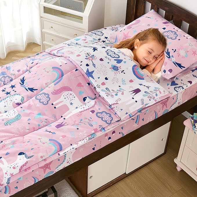 DJY Zipper Bedding Set Full, Pink Unicorn Bedding Sets for Girls, Kids Comforter Set with Fitted Sheet Pillowcases, All in One Zipper Bed Set for All Seasons