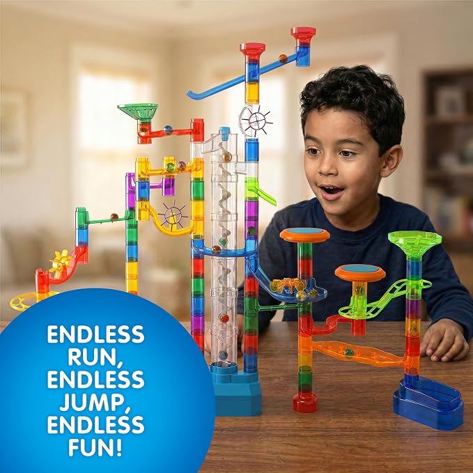 152pcs Glowing Marble Run Kit with Double Tracks Motorized Spiral Lift,2 Stunt Trampolines,30 Glow in The Dark Plastic Marbles & More. Building Project Toys, STEM Gifts for Boys&Girls.