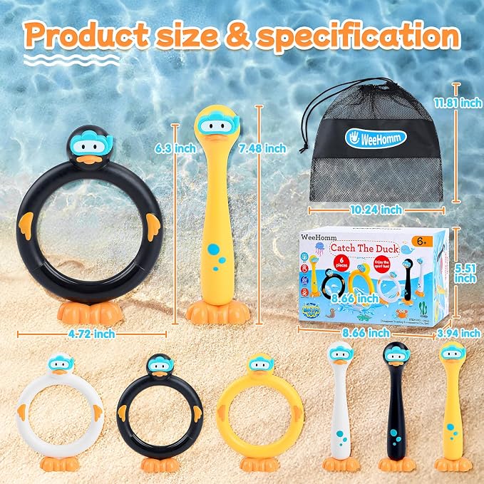 WeeHomm Pool Diving Toys for Kids, 6 PCS Swimming Pool Diving Rings, Summer Sticks Toys for Kids Ages 4-8 8-12, Fun Underwater Grow Training for Boys Girls
