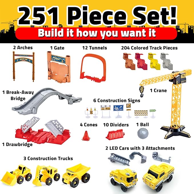 USA Toyz Snap Trax Construction Set Race Tracks for Kids and 2 LED Toy Cars- 251 Pk STEM Building Toys Bendable Race Car Track for Boys Girls, 3 Construction Trucks, Crane, Bridges, 2 Light-Up Trucks