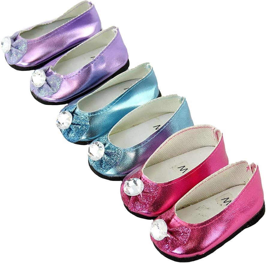 American Fashion World Hot Pink, Lavender, and Teal Metallic Diamond Bow Flats for 14 inch Dolls | 3 Pack | Premium Quality & Trendy Design | Dolls Shoes | Shoe Fashion for Dolls for Popular Brands