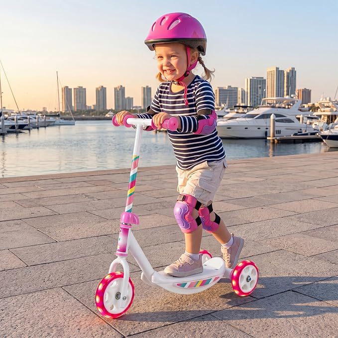 GYMAX Kick Scooter for Kids 2+, 3 Light-up Wheels Toddler Scooter with Wide Anti-Slip Deck & Hand Grip, Heavy Duty Stable Lightweight Ride On Scooters for Boys Girls