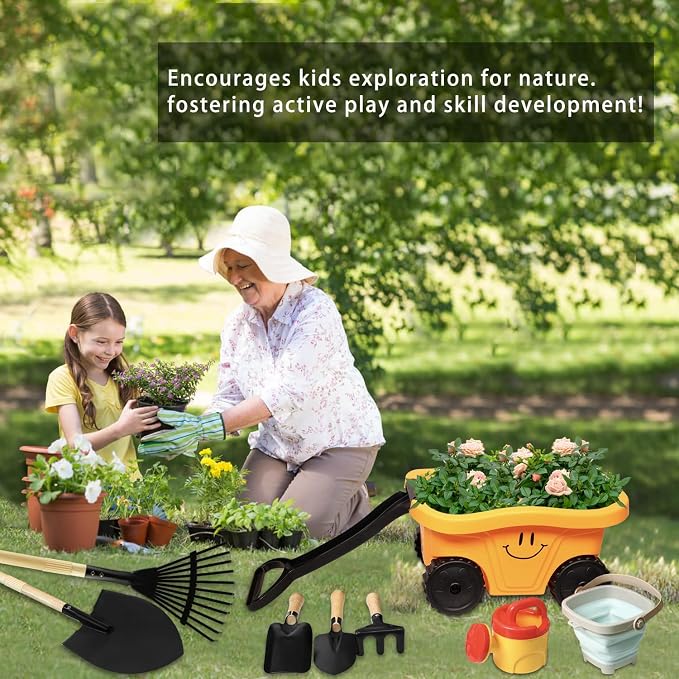 Todders Wheelbarrow Gardening Set, Kids Rake and Shovel Set for Dirt Digging, Garden Tools Equipment for Yard Outdoor Sandbox Summer Beach Toys Gifts for Ages 2-5 Years