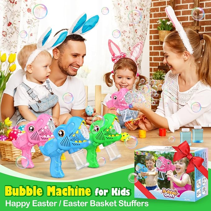 3 Pack Bubble Mahine Gun - Dinosaur Bubbles Blower with LED Light Outdoor Toys for Ages 4-6 Boys Girls Gift for 3 4 5 6 7 8 Year Old Kids Easter Basket Stuffers Valentine Birthday (Green+Blue+Pink)