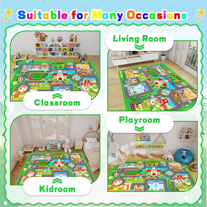 Kids Car Playmat, Kids Rug for Playroom Car Mat Town City Road Traffic Rugs, Play Mat for Floor, Extra Large Boys Kid Car Track Play Rug (Style SIX, 110.2 X 78.7 INCH)