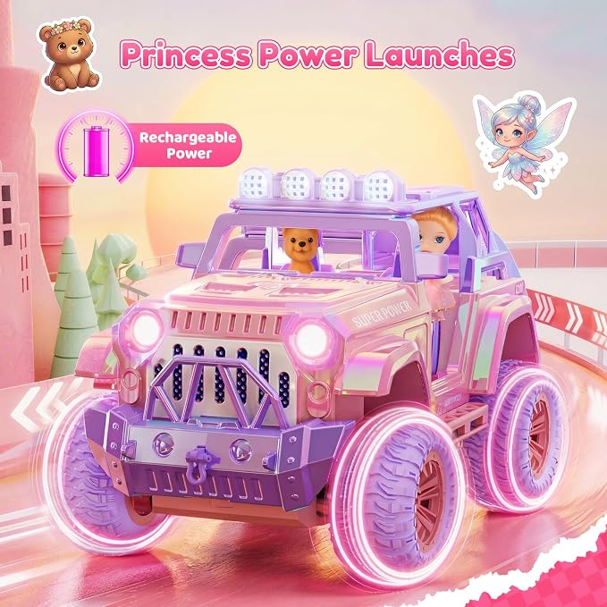 Remote Control Car for Girls with Spray and Sound, 2.4GHz All-Terrain Sparkling Pink RC Cars,Doll and Pet,Windmill,DIY Stickers,Rechargeable Battery,Toys Cars Birthday Gift for Girls Age 6-12