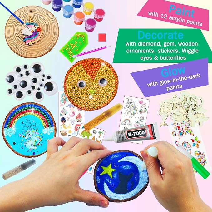 KIRKOTOY Wooden Crafts Kit for Kids-Glow in The Dark-Arts & Crafts Gifts for Boys Girls Age 6-12, 24 Wood Slices with Painting Craft Activities Kits, Creative Art Toys for 6 7 8 9 10 11 12 Year Old