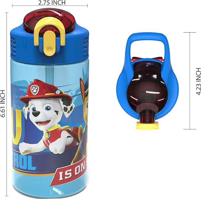 Zak Designs PAW Patrol Kids Water Bottle with Spout Cover and Built-in Carrying Loop, Durable Plastic, Leak-Proof Water Bottle Design for Travel (16 oz, 2-Pack, Non-BPA, Marshall)